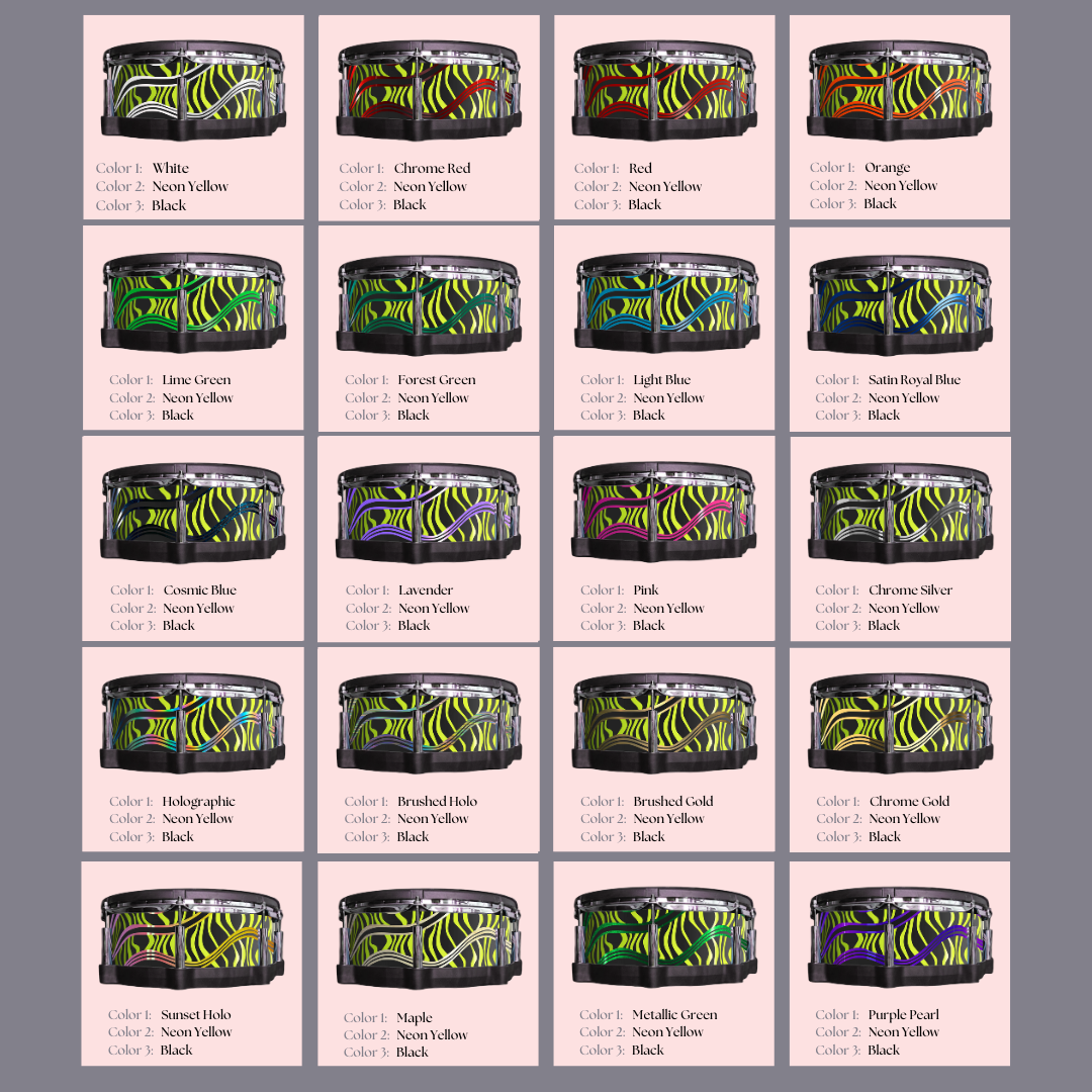 Easy-to-install vinyl snare drum wrap color catalogue featuring a wide range of color and pattern options, perfect for drummers looking to personalize their snare drum with unique designs.