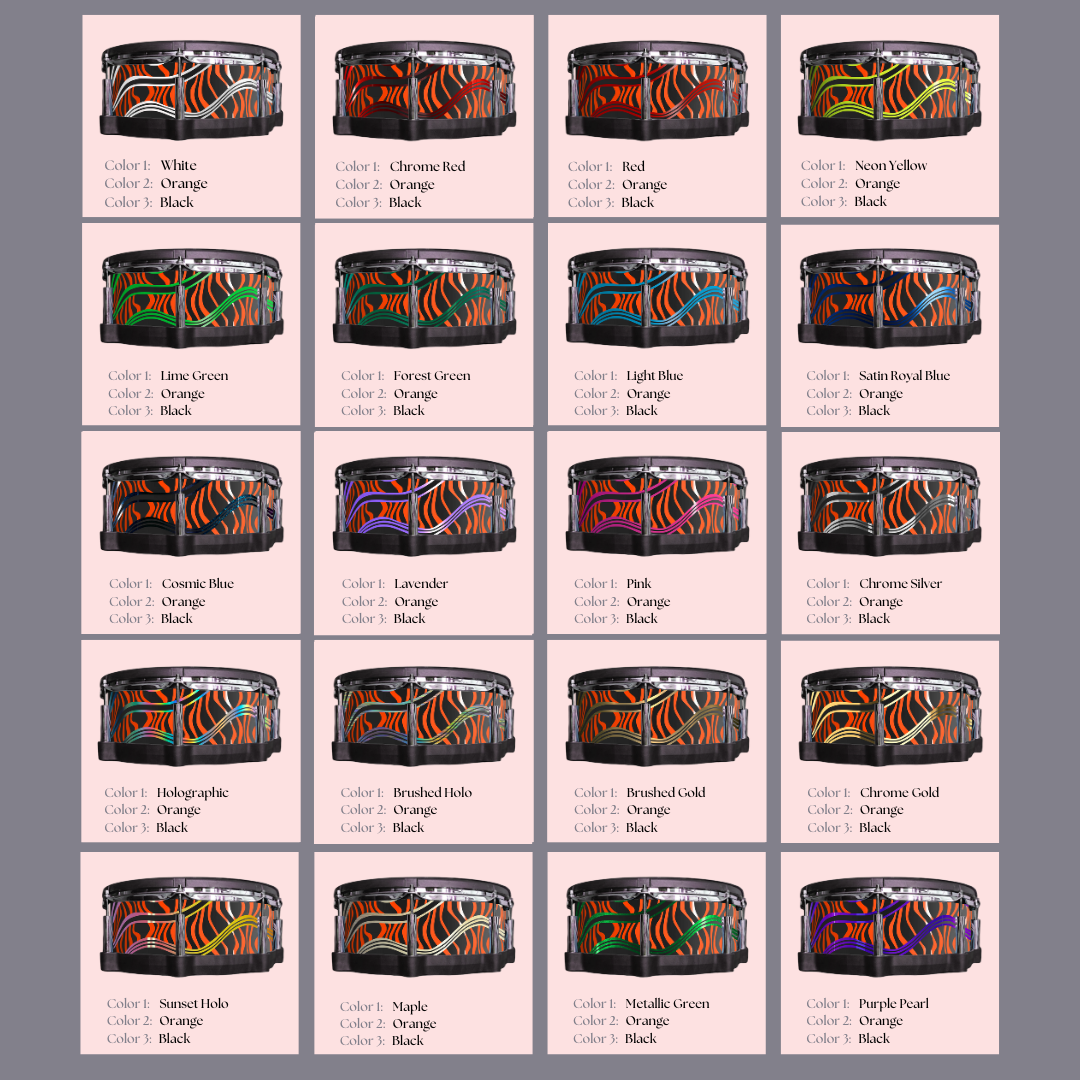 Easy-to-install vinyl snare drum wrap color catalogue featuring a wide range of color and pattern options, perfect for drummers looking to personalize their snare drum with unique designs.
