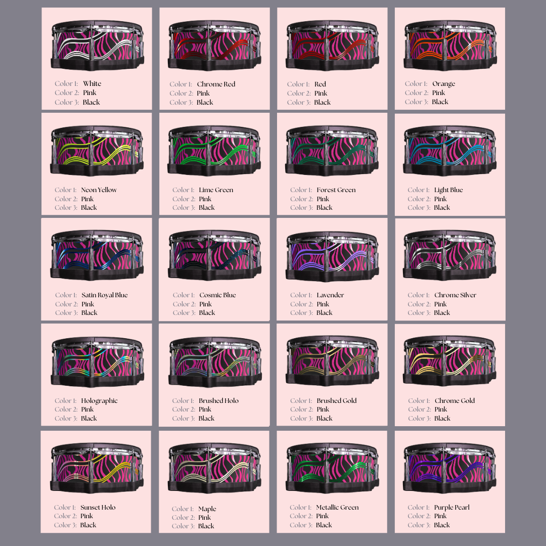Easy-to-install vinyl snare drum wrap color catalogue featuring a wide range of color and pattern options, perfect for drummers looking to personalize their snare drum with unique designs.