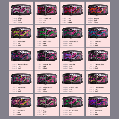 Easy-to-install vinyl snare drum wrap color catalogue featuring a wide range of color and pattern options, perfect for drummers looking to personalize their snare drum with unique designs.