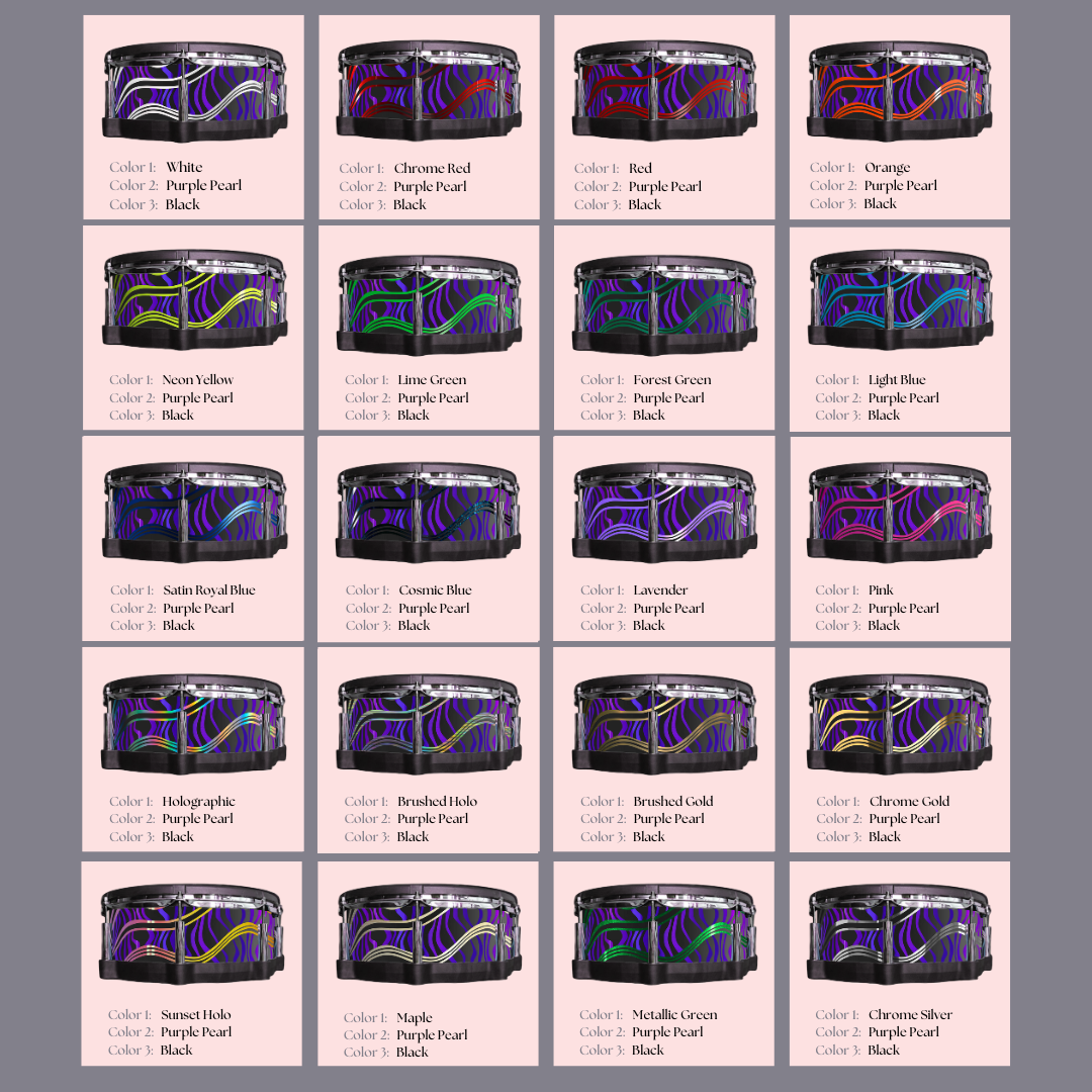 Easy-to-install vinyl snare drum wrap color catalogue featuring a wide range of color and pattern options, perfect for drummers looking to personalize their snare drum with unique designs.