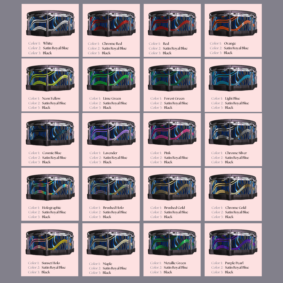 Easy-to-install vinyl snare drum wrap color catalogue featuring a wide range of color and pattern options, perfect for drummers looking to personalize their snare drum with unique designs.
