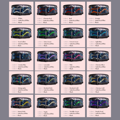 Easy-to-install vinyl snare drum wrap color catalogue featuring a wide range of color and pattern options, perfect for drummers looking to personalize their snare drum with unique designs.