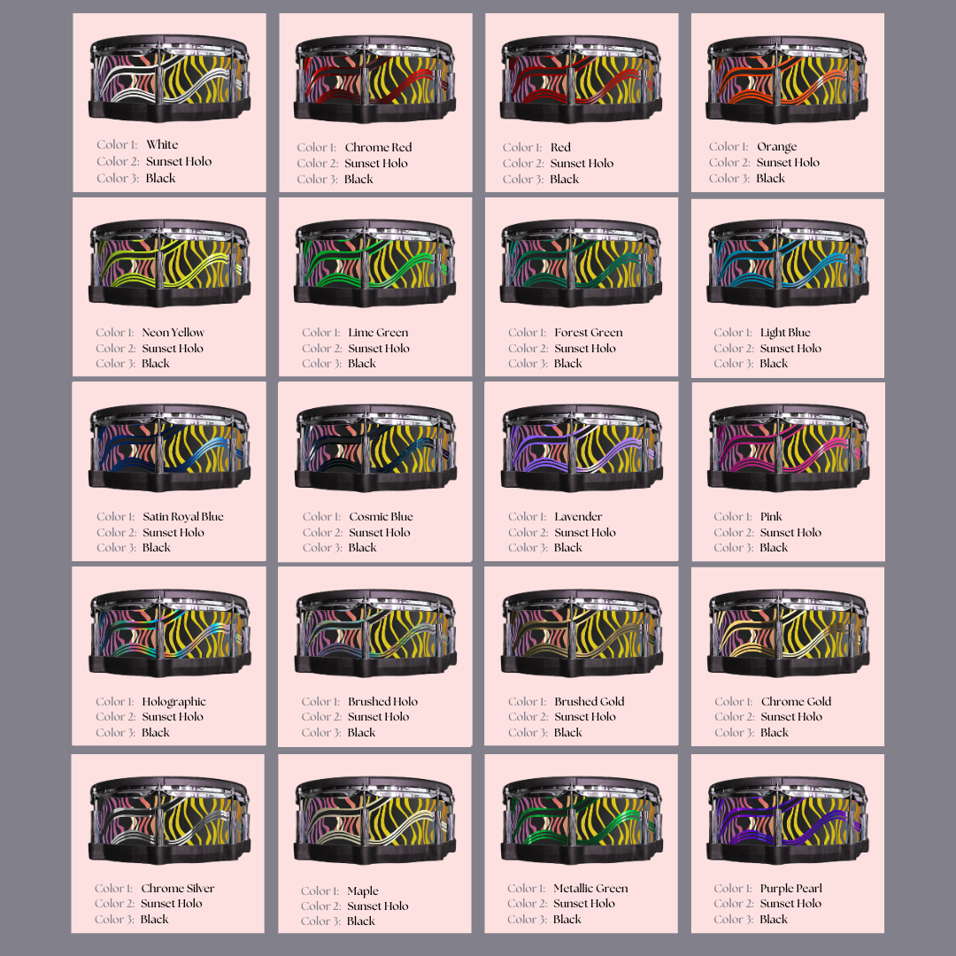 Easy-to-install vinyl snare drum wrap color catalogue featuring a wide range of color and pattern options, perfect for drummers looking to personalize their snare drum with unique designs.