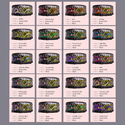 Easy-to-install vinyl snare drum wrap color catalogue featuring a wide range of color and pattern options, perfect for drummers looking to personalize their snare drum with unique designs.