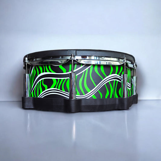 Close-up of a snare drum with a newly installed white, black and lime green vinyl wrap on a Roland PD-140DS snare drum, showcasing the detailed texture and professional finish, ideal for drummers seeking to upgrade their drum kit's aesthetics.