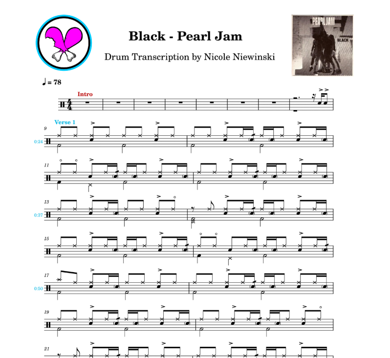 Preview of sheet music transcription for a drum set, showing the detailed notations and rhythms of Black by Pearl Jam, ideal for drummers looking to learn and practice accurate drum patterns.