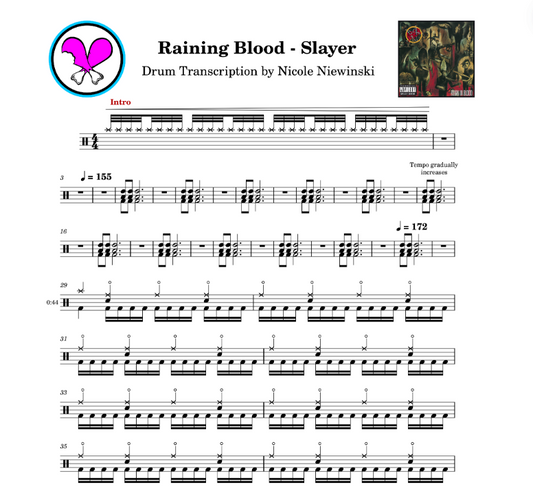 Preview of sheet music transcription for a drum set, showing the detailed notations and rhythms of raining blood by slayer, ideal for drummers looking to learn and practice accurate drum patterns.