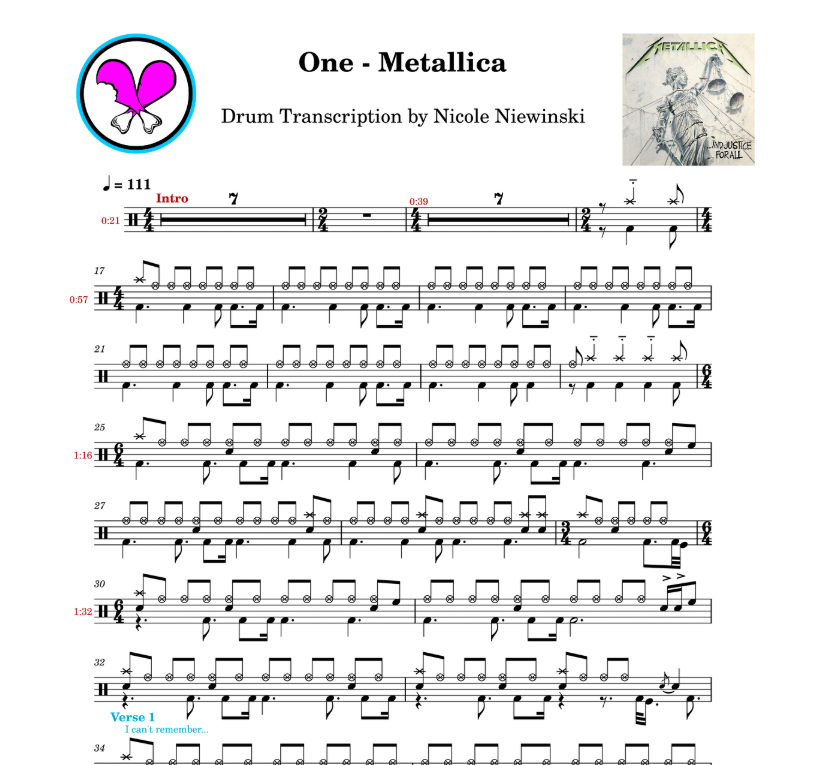 Preview of sheet music transcription tab for a drum set, showing the detailed notations and rhythms of One by metallica (lars ulrich), ideal for drummers looking to learn and practice accurate drum patterns.