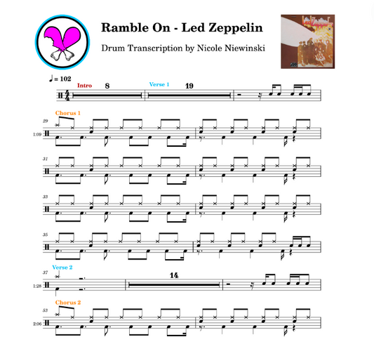 Preview of sheet music transcription for a drum set, showing the detailed notations and rhythms of ramble on by led zeppelin, ideal for drummers looking to learn and practice accurate drum patterns.