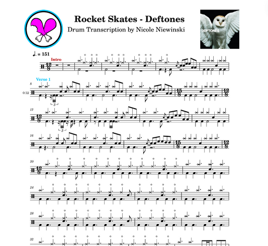 Preview of sheet music transcription for a drum set, showing the detailed notations and rhythms of rocket skates by deftones, ideal for drummers looking to learn and practice accurate drum patterns.