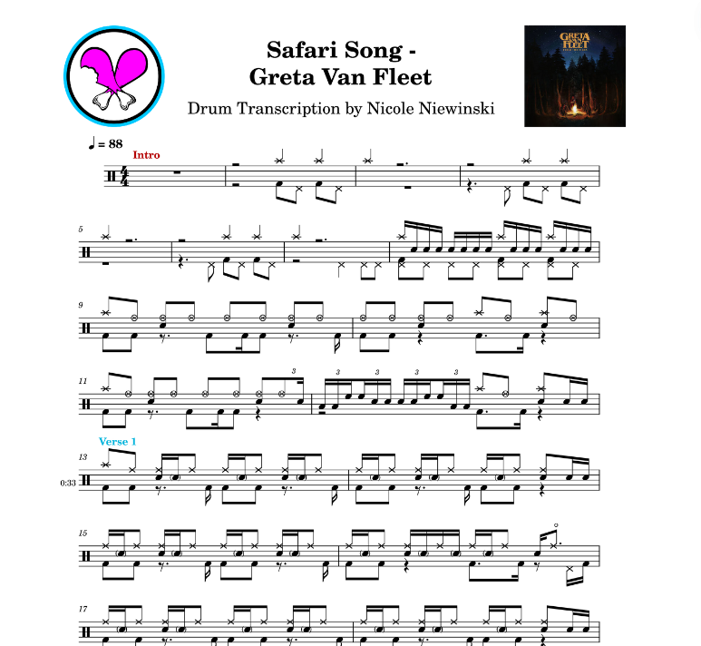 Preview of sheet music transcription for a drum set, showing the detailed notations and rhythms of safari song by greta van fleet, ideal for drummers looking to learn and practice accurate drum patterns.