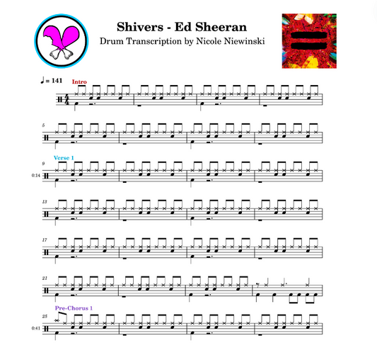 Preview of sheet music transcription for a drum set, showing the detailed notations and rhythms of shivers by ed sheeran, ideal for drummers looking to learn and practice accurate drum patterns.