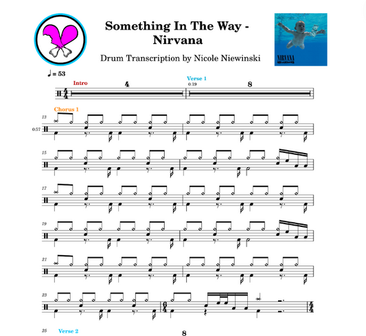 Preview of sheet music transcription for a drum set, showing the detailed notations and rhythms of Something in the way by nirvana, ideal for drummers looking to learn and practice accurate drum patterns.