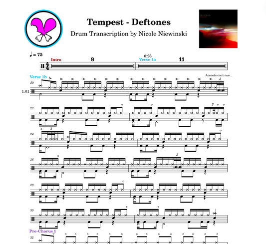 Preview of sheet music transcription for a drum set, showing the detailed notations and rhythms of tempest by deftones, ideal for drummers looking to learn and practice accurate drum patterns.