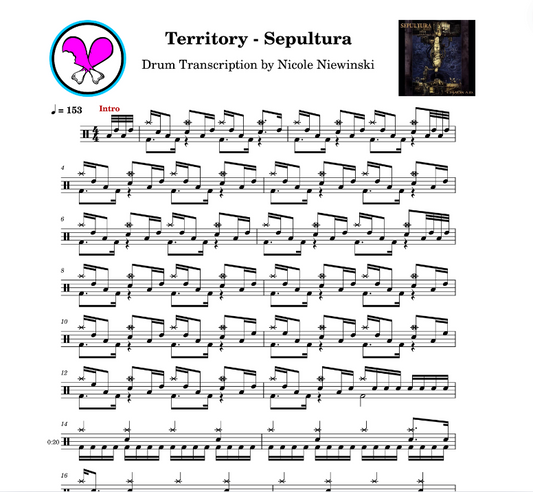 Preview of sheet music transcription for a drum set, showing the detailed notations and rhythms of territory by sepultura, ideal for drummers looking to learn and practice accurate drum patterns.