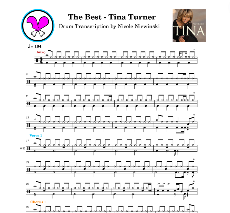 Preview of sheet music transcription for a drum set, showing the detailed notations and rhythms of the best by tina turner, ideal for drummers looking to learn and practice accurate drum patterns.