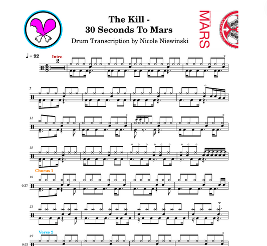 Preview of sheet music transcription for a drum set, showing the detailed notations and rhythms of the kill by 30 seconds to mars, ideal for drummers looking to learn and practice accurate drum patterns.