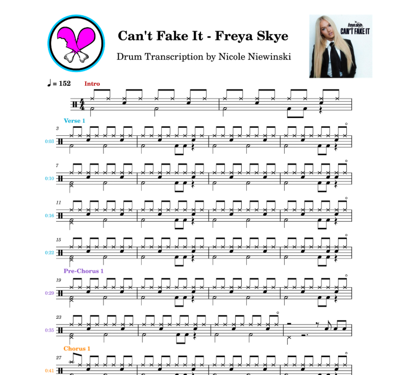 Preview of the sheet music transcription showing the detailed notations and rhythms of how to play the beginner/advanced drum song buddy holly (weezer), ideal for drummers looking to learn and practice accurate drum patterns.