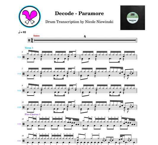 Preview of the sheet music transcription showing the detailed notations and rhythms of how to play the beginner/advanced drum song decode (paramore, twilight), ideal for drummers looking to learn and practice accurate drum patterns.