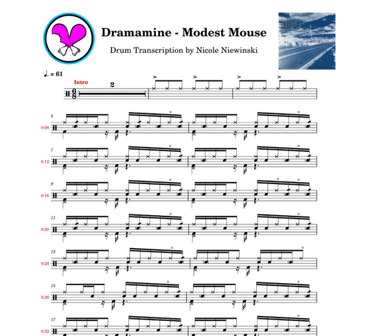 Preview of the sheet music transcription showing the detailed notations and rhythms of how to play the beginner/advanced drum song dramamine (modest mouse), ideal for drummers looking to learn and practice accurate drum patterns.