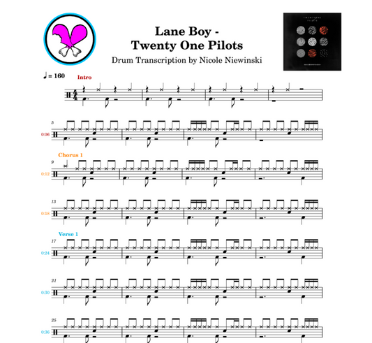 Preview of the sheet music transcription showing the detailed notations and rhythms of how to play the beginner/advanced drum song lane boy (twenty one pilots, 21 pilots, josh dunn), ideal for drummers looking to learn and practice accurate drum patterns.
