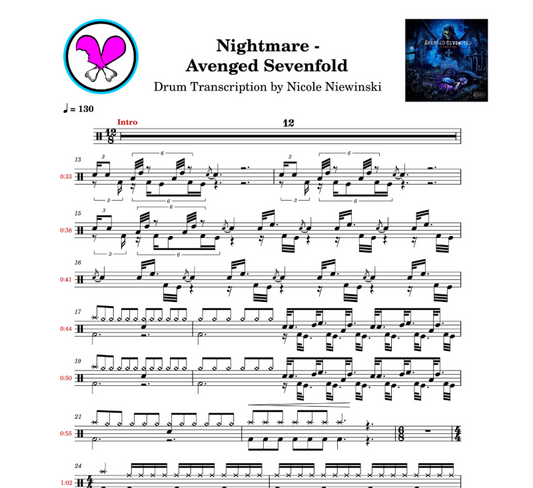 Preview of the sheet music transcription showing the detailed notations and rhythms of how to play the beginner/advanced drum song nightmare (avenged sevenfold, the rev, mike portnoy), ideal for drummers looking to learn and practice accurate drum patterns.
