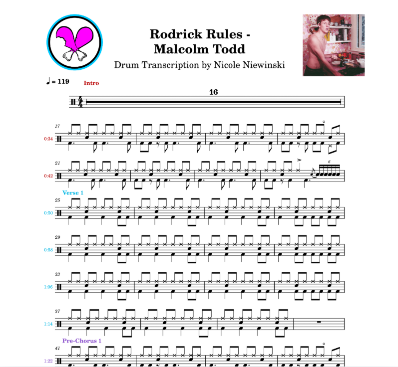Preview of the sheet music transcription showing the detailed notations and rhythms of how to play the beginner drum song rodrick rules (malcolm todd), ideal for drummers looking to learn and practice accurate drum patterns.