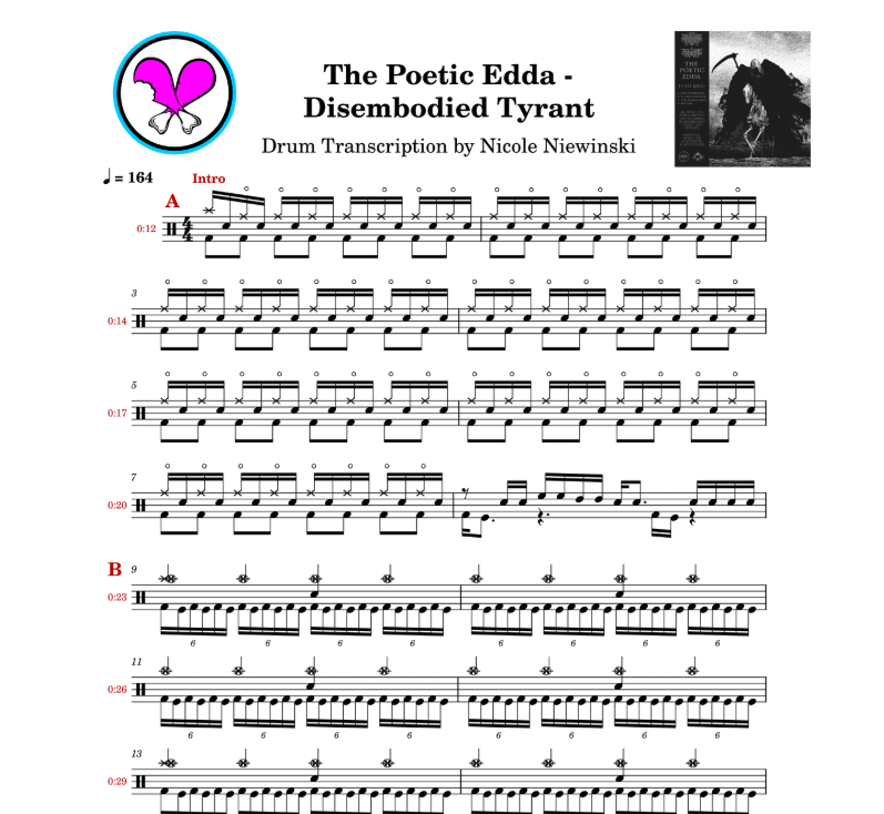 Preview of the sheet music transcription showing the detailed notations and rhythms of how to play the metal drum song the poetic edda (disembodied tyrant), ideal for drummers looking to learn and practice accurate drum patterns.