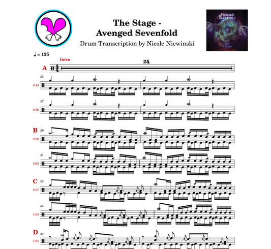 Preview of the sheet music transcription showing the detailed notations and rhythms of how to play the beginner drum song the stage (avenged sevenfold, the rev), ideal for drummers looking to learn and practice accurate drum patterns.