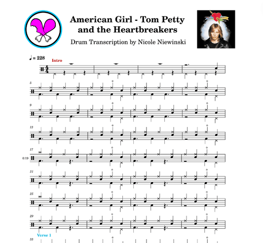 Preview of sheet music transcription for a drum set, showing the detailed notations and rhythms of a american girl by tom petty and the heartbreakers, ideal for drummers looking to learn and practice accurate drum patterns.