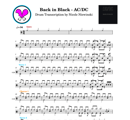 Preview of sheet music transcription for a drum set, showing the detailed notations and rhythms of back in black by AC/DC, ideal for drummers looking to learn and practice accurate drum patterns.