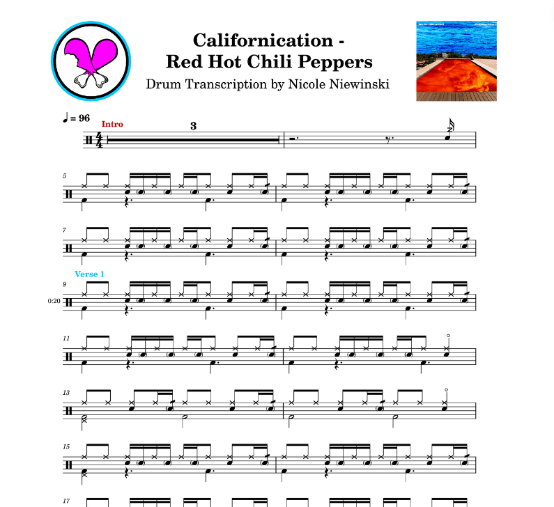 Preview of sheet music transcription for a drum set, showing the detailed notations and rhythms of californication by the red hot chili peppers (rhcp - chad smith), ideal for drummers looking to learn and practice accurate drum patterns.