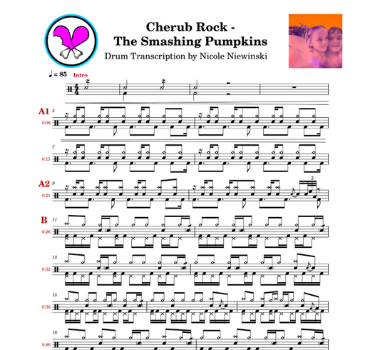 Preview of sheet music transcription for a drum set, showing the detailed notations and rhythms of cherub rock by the smashing pumpkins (jimmy chamberlin), ideal for drummers looking to learn and practice accurate drum patterns.