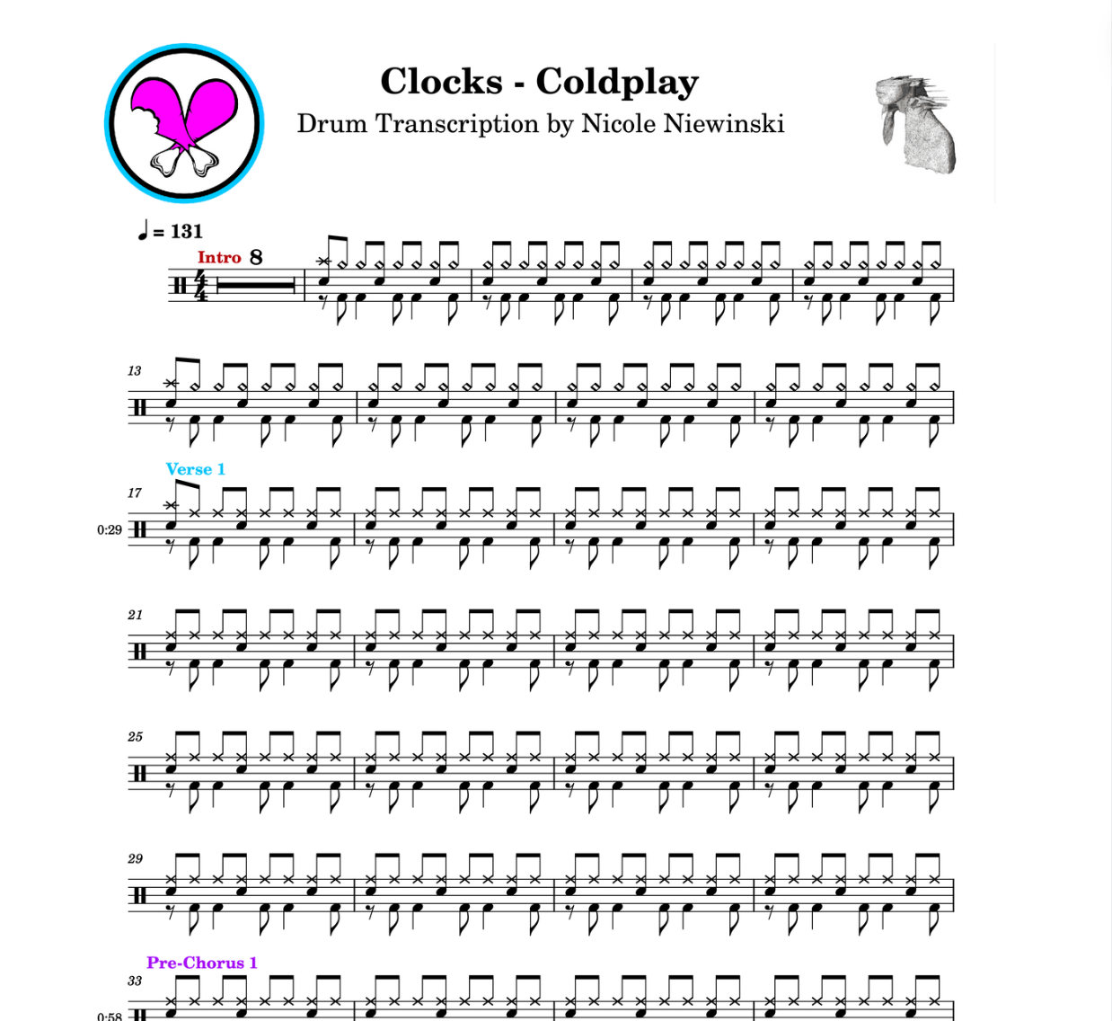 Preview of sheet music transcription for a drum set, showing the detailed notations and rhythms of clocks by coldplay, ideal for drummers looking to learn and practice accurate drum patterns.