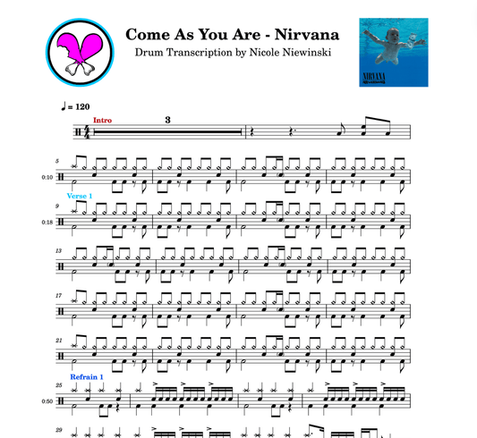 Preview of sheet music transcription for a drum set, showing the detailed notations and rhythms of come as you are by nirvana, ideal for drummers looking to learn and practice accurate drum patterns.