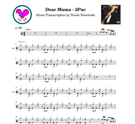 Preview of sheet music transcription for a drum set, showing the detailed notations and rhythms of the easy song dear mama by 2pac (tupac), ideal for drummers looking to learn and practice accurate drum patterns.