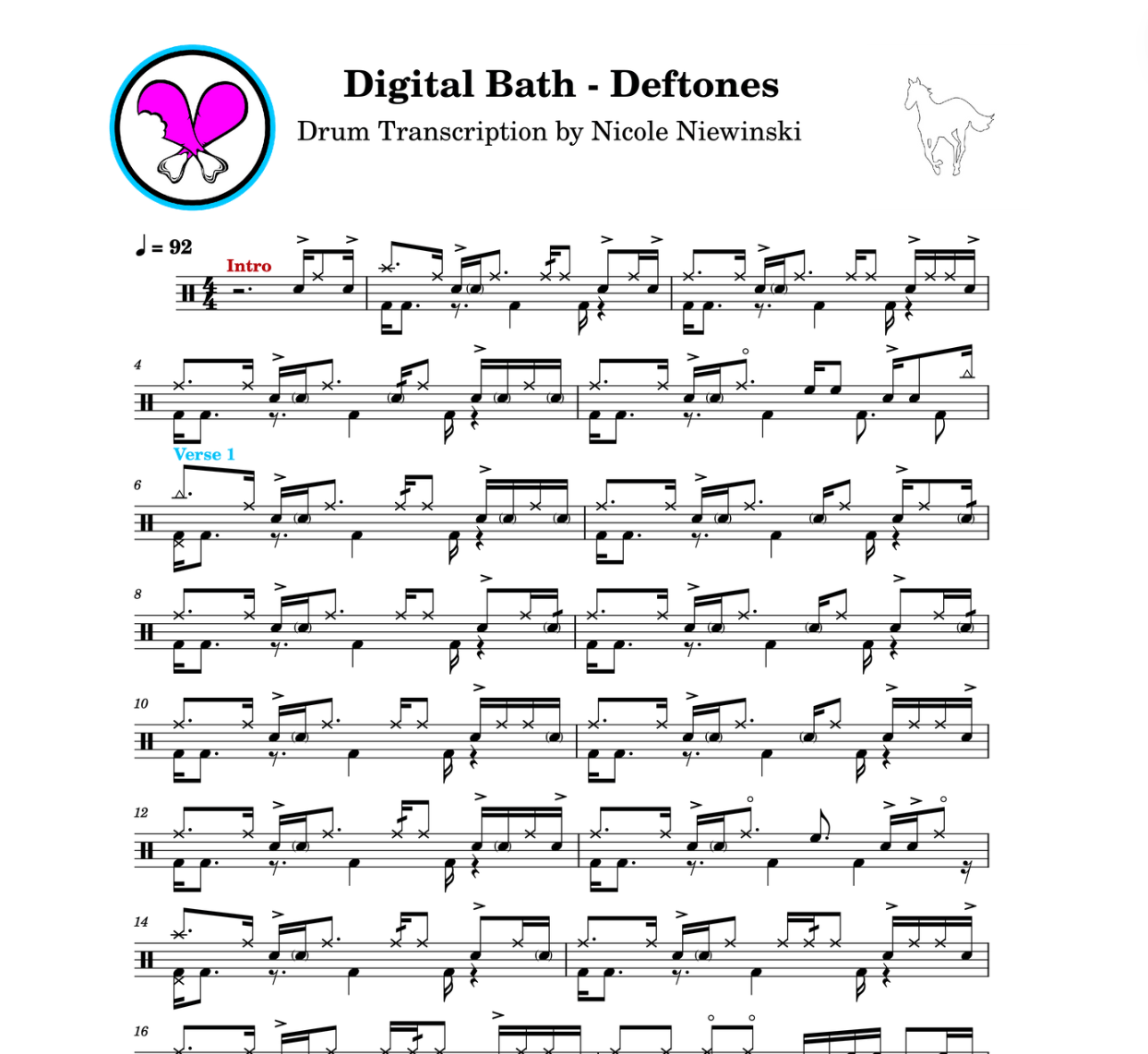 Preview of sheet music transcription for a drum set, showing the detailed notations and rhythms of digital bath by deftones, ideal for drummers looking to learn and practice accurate drum patterns.