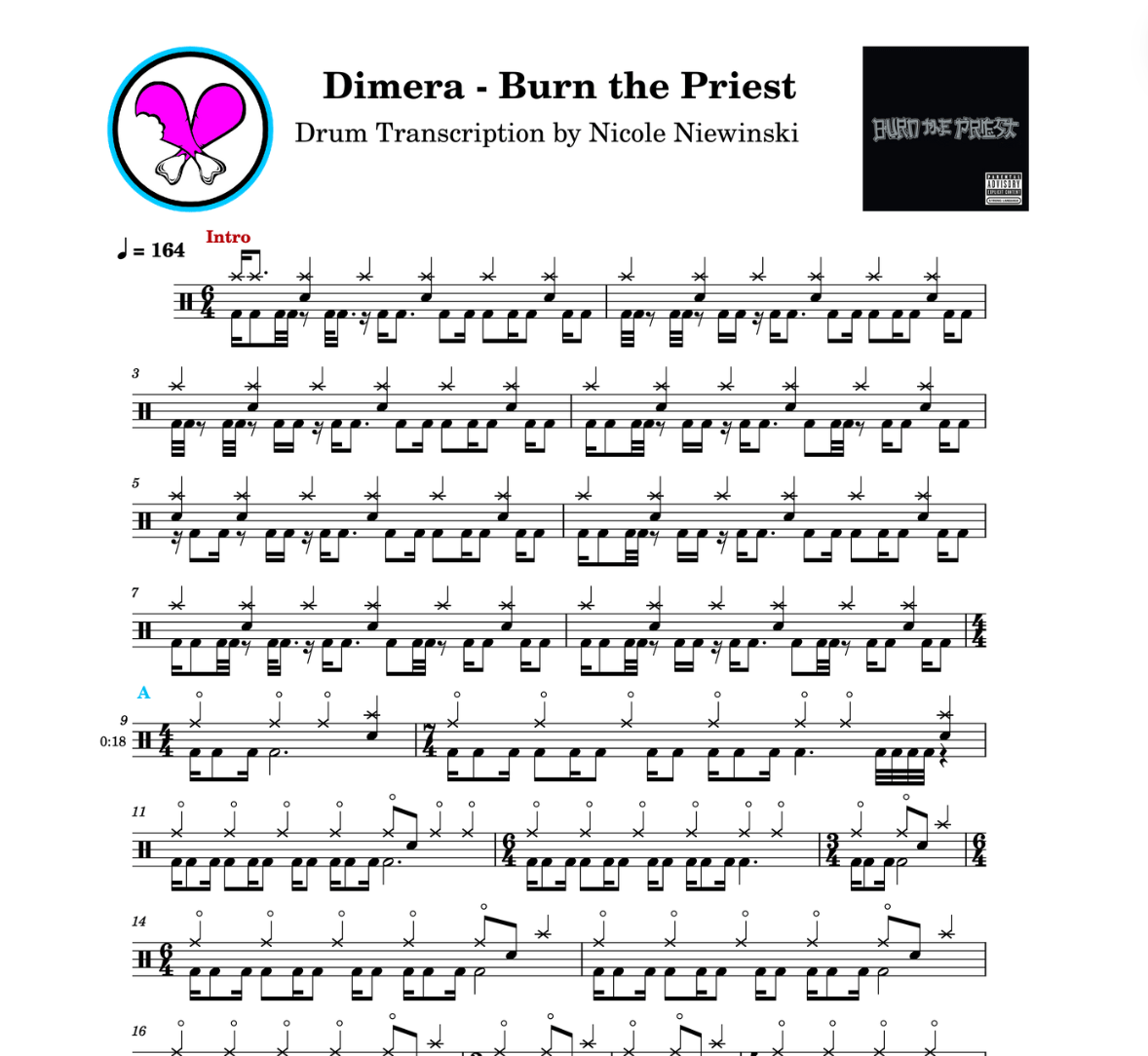 Preview of sheet music transcription for a drum set, showing the detailed notations and rhythms of dimera by burn the priest, ideal for drummers looking to learn and practice accurate drum patterns.