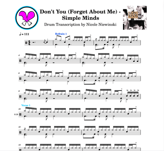 Preview of sheet music transcription for a drum set, showing the detailed notations and rhythms of the popular rock song don't you (forget about me) by simple minds, ideal for drummers looking to learn and practice accurate drum patterns.