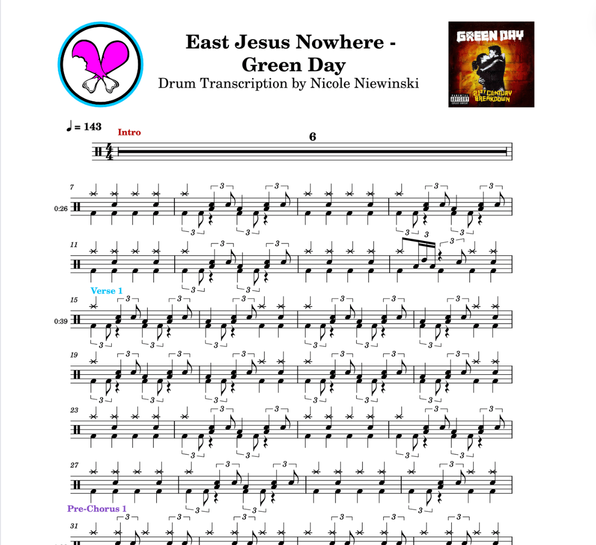 Preview of sheet music transcription for a drum set, showing the detailed notations and rhythms of the popular punk rock song east jesus nowhere by green day (tre cool), ideal for drummers looking to learn and practice accurate drum patterns.