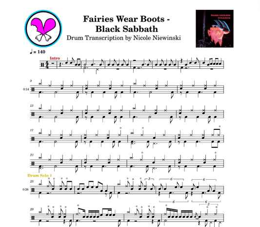 Preview of sheet music transcription for a drum set, showing the detailed notations and rhythms of the popular song fairies wear boots by black sabbath (paranoid), ideal for drummers looking to learn and practice accurate drum patterns.