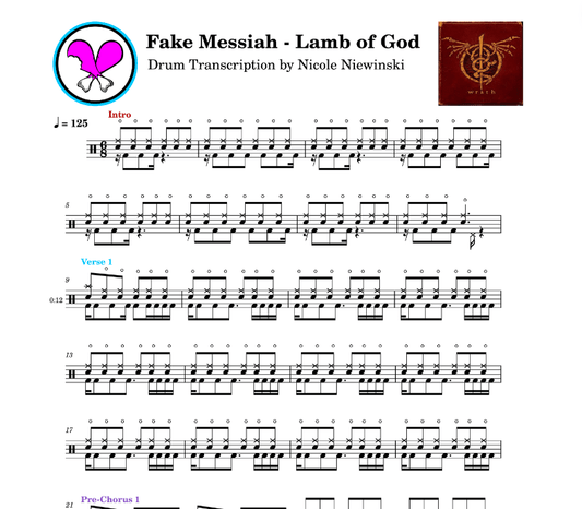 Preview of sheet music transcription for a drum set, showing the detailed notations and rhythms of the popular metal song fake messiah by lamb of god, ideal for drummers looking to learn and practice accurate drum patterns.