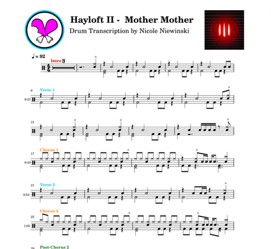 Preview of sheet music transcription for a drum set, showing the detailed notations and rhythms of the popular song hayloft II by mother mother, ideal for drummers looking to learn and practice accurate drum patterns.