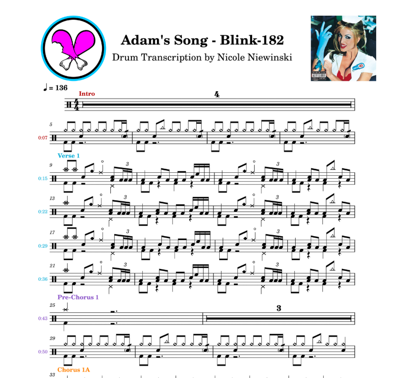 Preview of the sheet music transcription showing the detailed notations and rhythms of how to play the beginner drum song adam's song by blink-182 (travis barker), ideal for drummers looking to learn and practice accurate drum patterns.