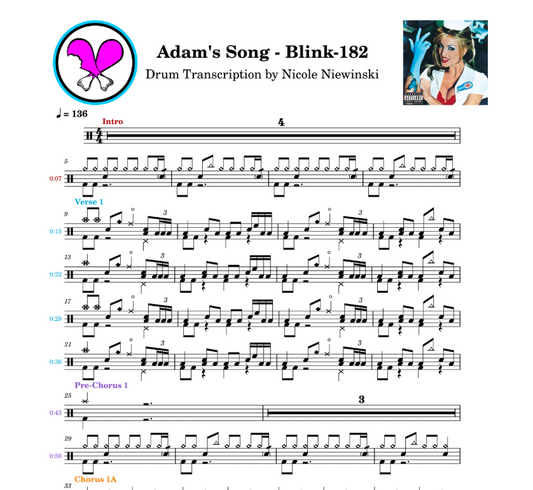 Preview of the sheet music transcription showing the detailed notations and rhythms of how to play the beginner drum song adam's song by blink-182 (travis barker), ideal for drummers looking to learn and practice accurate drum patterns.
