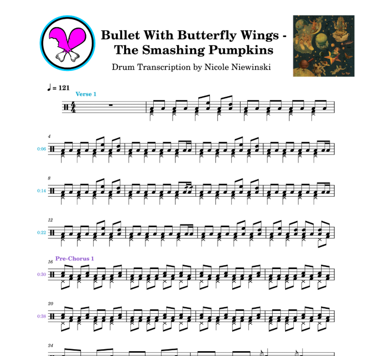 Preview of the sheet music transcription showing the detailed notations and rhythms of how to play the beginner drum song bullet with butterfly wings (jimmy chamberlin, mellon collie and the infinite sadness), ideal for drummers looking to learn and practice accurate drum patterns.
