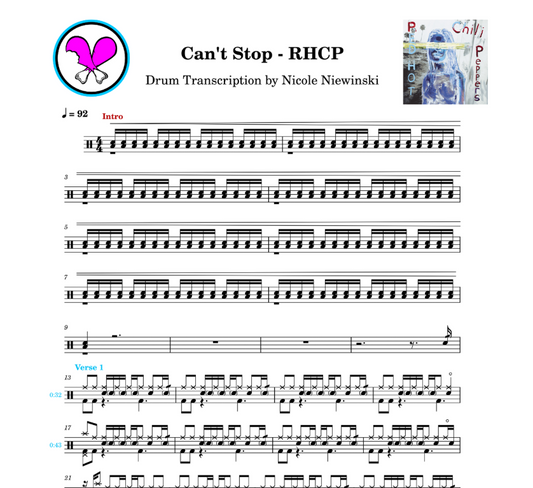 Preview of the sheet music transcription showing the detailed notations and rhythms of how to play the beginner drum song can't stop by the red hot chili peppers (rhcp, chad smith), ideal for drummers looking to learn and practice accurate drum patterns.