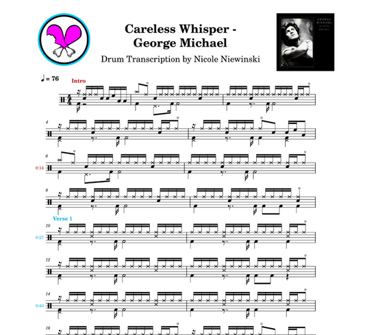 Preview of the sheet music transcription showing the detailed notations and rhythms of how to play the beginner drum song careless whisper by george michael, ideal for drummers looking to learn and practice accurate drum patterns.