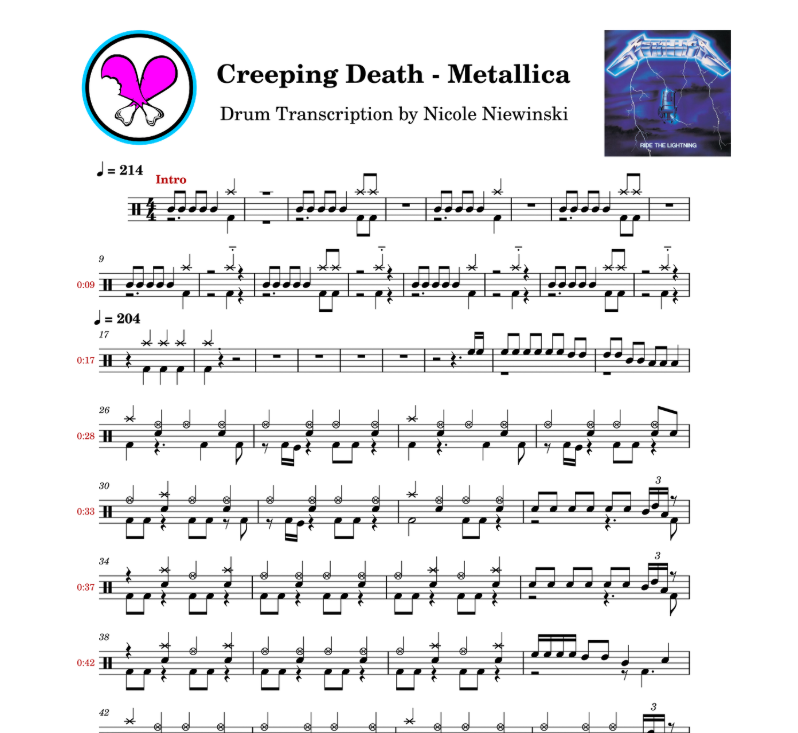 Preview of the sheet music transcription showing the detailed notations and rhythms of how to play the beginner drum song creeping death by metallica (Lars Ulrich, Ride the Lightning), ideal for drummers looking to learn and practice accurate drum patterns.